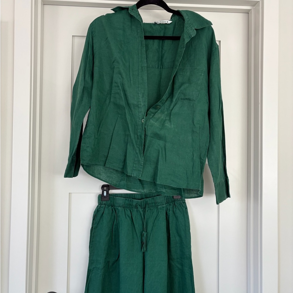 Zara Green Button-Up Shirt and Pants Set